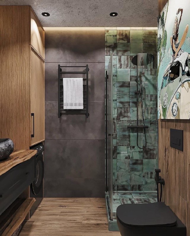Интерьер ванной комнаты выполнен в тёмных тонах. Площадь составляет 4 квадратных метра. МЫ В МАХ подписаться - изображение 7 - интерьер, ванной, комнаты