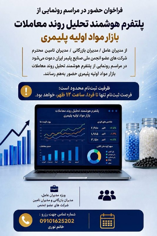 رسانه انجمن ملی صنایع پلیمر ایران | اینپیا: 🔴فراخوان حضور در مراسم رونمایی از پلتفرم هوشمند تحلیل روند معاملات بازار مواد اولیه پلیمری⭕️از مدیران عامل / مدیران بازر