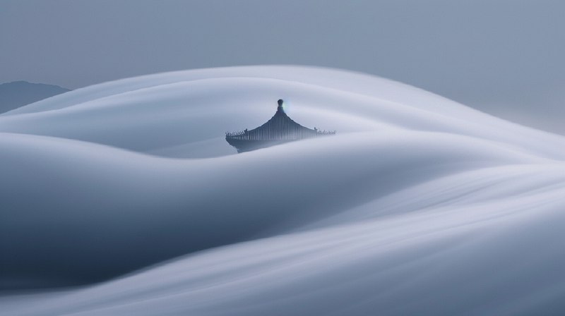 今天跑的最喜欢的图，中式建筑和抽象云雾融合探索页面的提示词改的