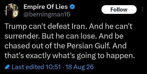 "حقایق سانسور شده جهان": 👤 فعال ضدجنگ و #مفسر_سیاسی_آمریکایی:ترامپ نمیتواند ایران را شکست دهد و نمیتواند تسلیم شود. اما میتواند ببازد و در نها