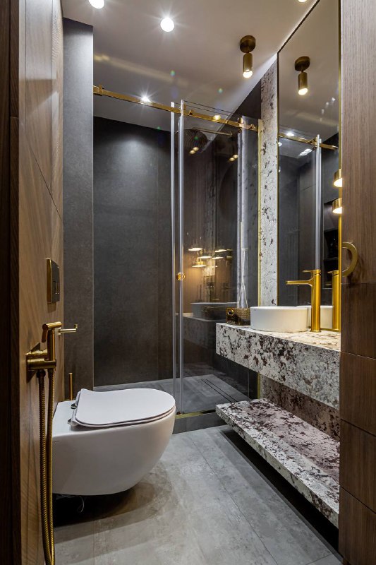 Реализованный дизайн интерьера ванной. Современный стиль, жк Wellton Towers 112 м2. Роскошь в каждой детали Как тёмная палитра и благородные матери... - изображение 1 - wellton, towers, комфорта