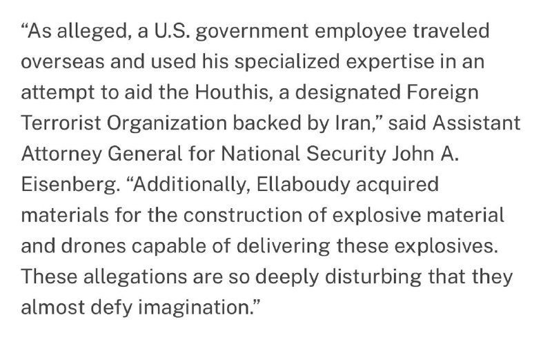 JUST IN - An employee of the Department of Energy was arrested in Washington state on charges of trying to provide material support to the Houthis in Yemen, the US Department of Justice says