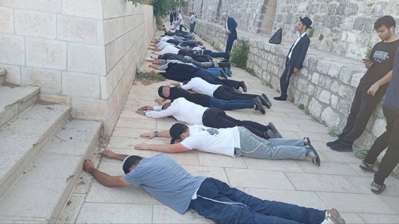 תמונה של השחתה הציבורית: מתנחלים שוכבים בזמן עריכת טקסים תלמודיים במקביל להסתערות על מסגד אל-אקצא המבורך.
