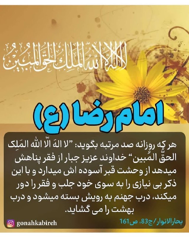 پدرفتنه | pedarefetneh: امام رضا علیه السلام می فرمایند:هرکس روزانه ۱۰۰ مرتبه بگوید« لا اله الا الله ملک الحق المبین»خداوند عزیز جبار از فقر پنا