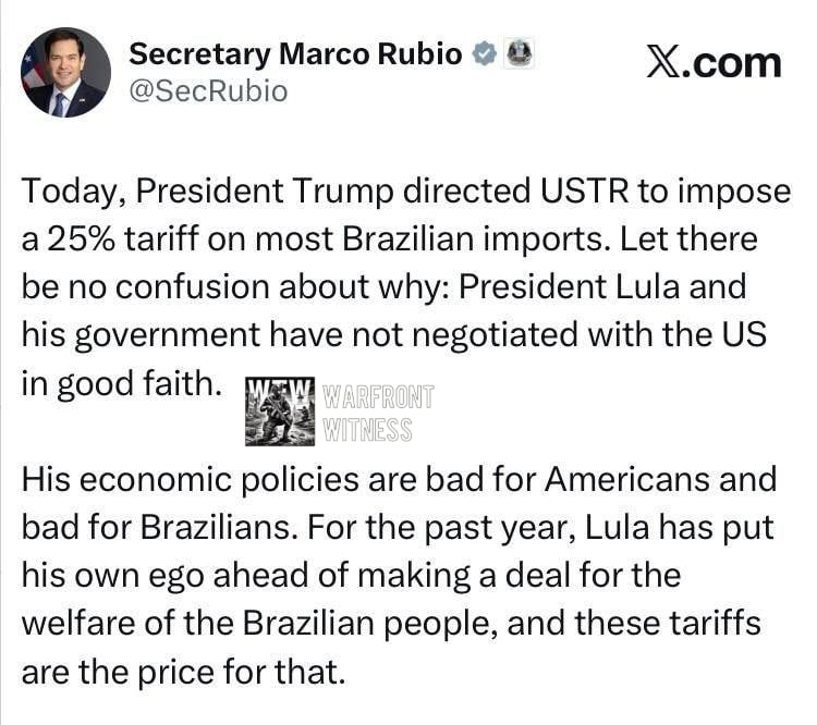 ️🇺🇸🇧🇷 מדינת ארצות הברית רוביו אמרה כי נשיא ארה"ב טראמפ הנחה את נציג הסחר של ארה"ב (USTR) להטיל מכס של 2…