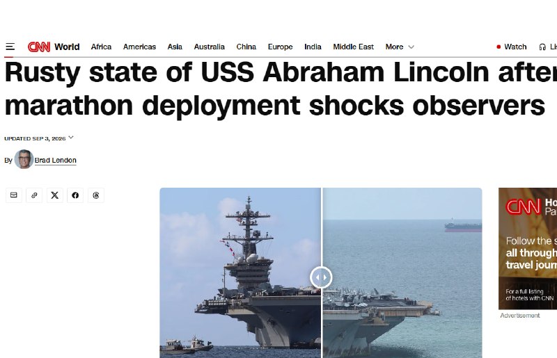 معارف اهل بیت (ع): سی ان ان: وضعیت زنگ زده ناو لینکلن پس از اعزام طولانی، ناظران را شوکه کرد"زنگ مثل یک بیماری واگیردار است. پخش می شود. پس