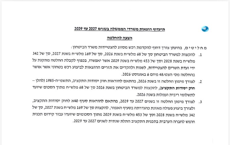 🇮🇱 The government is now approving in an urgent referendum - classified defense procurement for the Ministry of Defense. The purchase totals about NIS 1 billion - and the source of funding in the years 2029-2027 will come from funds earmarked for the five-year plan for the Arab sector.