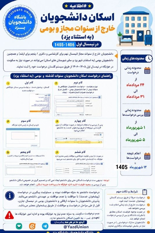 باشگاه دانشجویان دانشگاه یزد: #اطلاعیه اسکان دانشجویان خارج از سنوات مجاز و بومی (به‌استثنای یزد)📌 دانشجویان مشمول می‌توانند درخواست اسکان خود را در ن