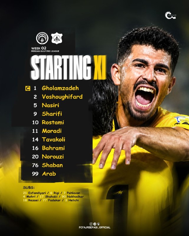 فوتبالی | Footballi.net: 🟠 #لیگ_برتر ⚽️ #فجرسپاسی 🛢 #صنعت_نفت🌬 ترکیب فجرسپاسی برای دیدار با صنعت نفت آبادان علی غلامزاده، امیر شبان، ارشیا وثوقی