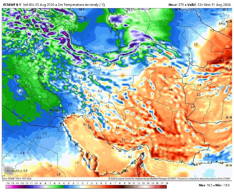 زمینی ها: پیش بینی آنومالی دمای بیشینه از ۹ تا ۱۲ شهریور مدل ECMWF@iranihayezamin 🛰پیش بینی آنومالی دمای بیشینه از ۹ تا ۱۲ شهریور