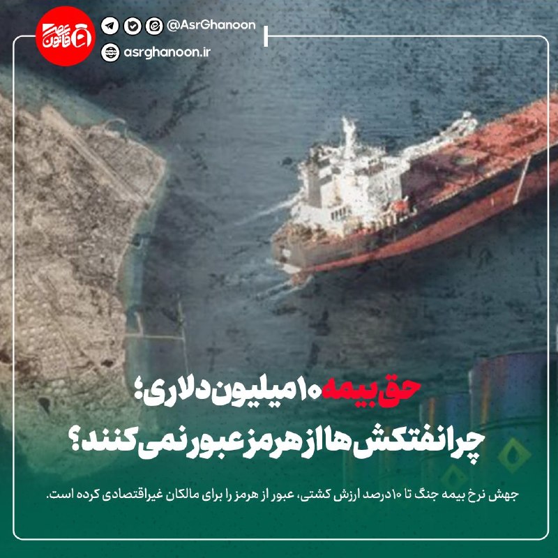 عصر قانون: ✳️حقبیمه ۱۰میلیوندلاری؛ چرا نفتکشها از هرمز عبور نمیکنند؟🔹جهش نرخ بیمه جنگ تا 10درصد ارزش کشتی، عبور از هرمز را برای