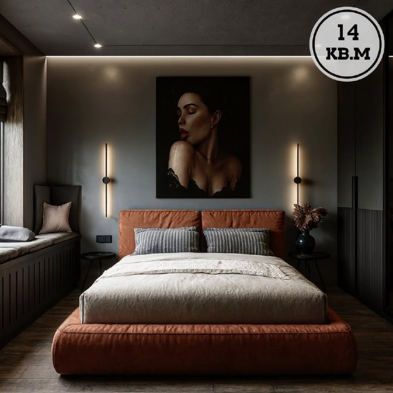 Спальня 14 квадратов - бетонный потолок и серый интерьер, где серый работает фоном, бетон честно остаётся бетоном, яркая кровать собирает всю комна... - изображение 3 - серый, спальня, квадратов