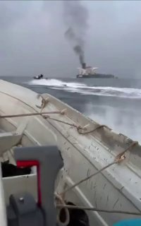 Another morning, another ship burning in the Strait of Hormuz after Iranian missiles.