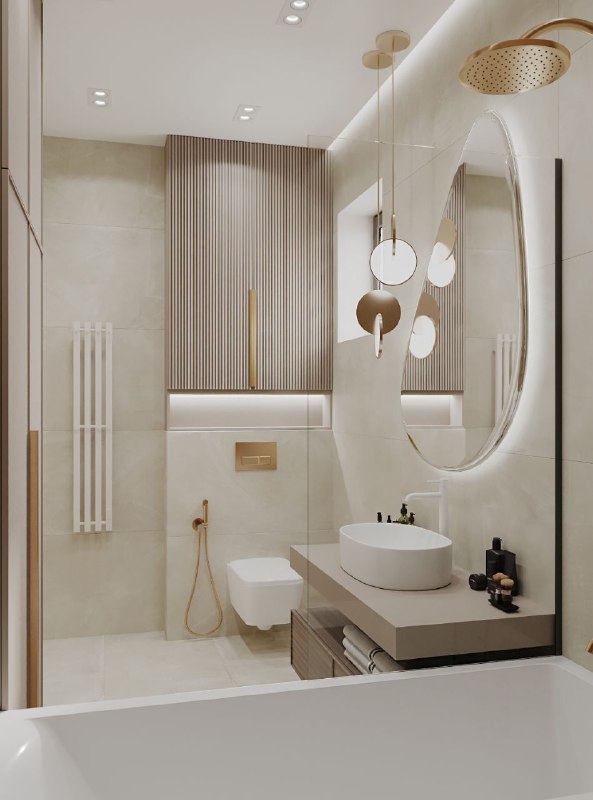 На втором этаже проекта домвсочи спальня 17,4 с собственной ванной 5,4 кв.м. Мягкая бежево пастельная палитра, глубокие зелёные акценты и латунные ... - изображение 9 - проекта, telegram, view