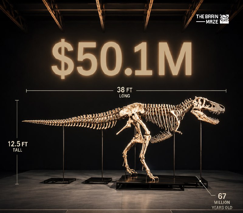 A rare Tyrannosaurus rex skeleton nicknamed “Gus” sold for a record $50.1 million at Sotheby’s in New York, becoming the most expensive fossil ever auctioned.