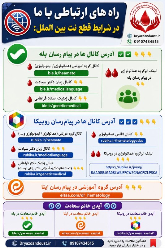 زبان پزشکی دکتر سیادت (گروه آموزشی دکتر یزدان دوست): راه های ارتباطی با ما در صورت قطع نت بین الملل 👆👆👆حتما این عکس رو سیو کنید 🩸