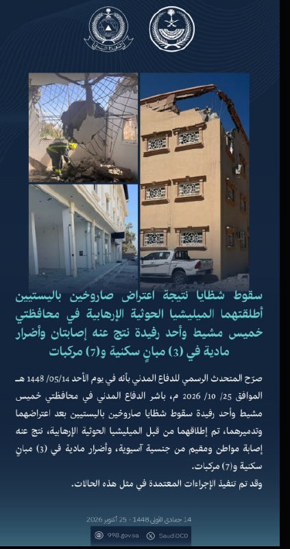 חשבון ההגנה האזרחית של קינה/סעודי הגנה אזרחית: רסיסים נפלו כתוצאה מיירוט של שני טילים בליסטיים ששוגרו על יד…