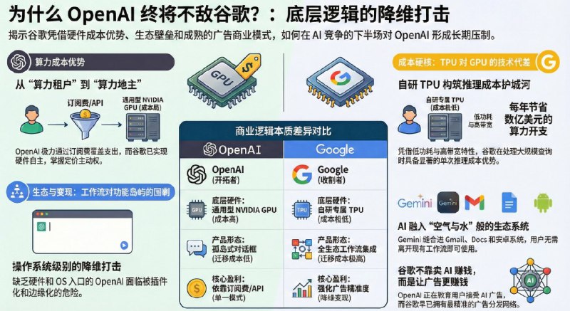 为什么 OpenAI 终将不敌谷歌？AI 产业正经历一场无声的剧变，竞争焦点从谁的模型更聪明转向谁能以最低成本交付有用信息时，OpenAI 的先发优势正在被谷歌深不可测的工程底蕴与生态壁垒迅速瓦解