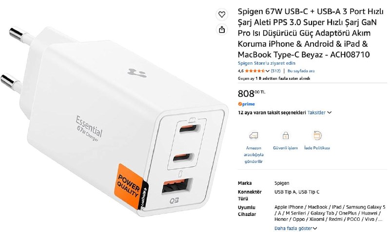 Spigen 67W USB-C + USB-A 3 Port Hızlı Şarj Aleti PPS 3.0 Super Hızlı Şarj GaN Pro Isı Düşü…