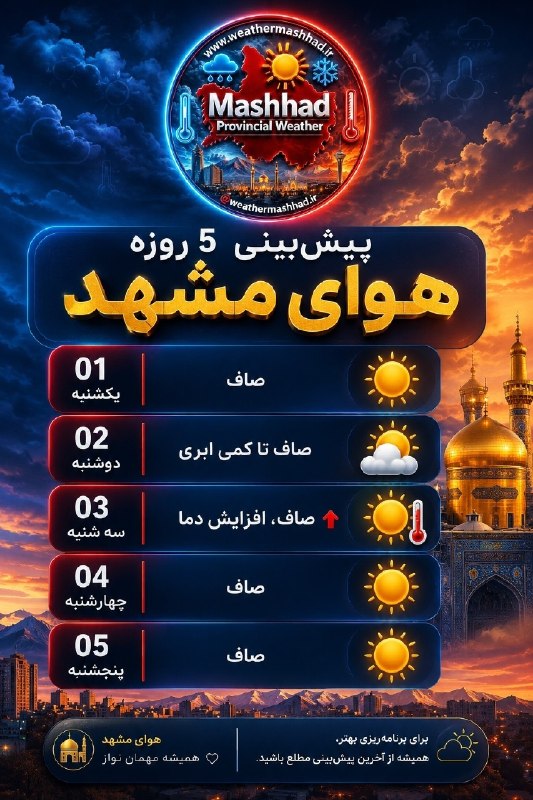 آقای هوآشنآس | هواشناسی مشهد و استان: پیش‌بینی وضع هوای 5 روز آینده مشهد🔆@weathermashhad_ir👁آقای هوآشنآس | هواشناسی مشهد و استان