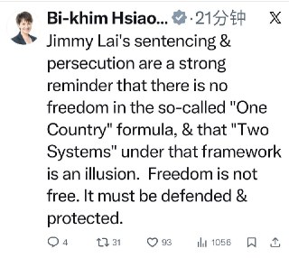 2月10日，中华民国副总统 萧美琴 表示：黎智英的判决和迫害有力地提醒我们，所谓的“一国”模式中根本没有自由，“两制”也只是一种幻象。自由并非唾手可得，它必须被捍卫和保护。查看原文📝 引用推文:刚刚，香港特区高等法院宣判，黎智英因两项串谋勾结外国势力罪及一项串谋发布煽动刊物罪被判监禁20年。查看引用原文