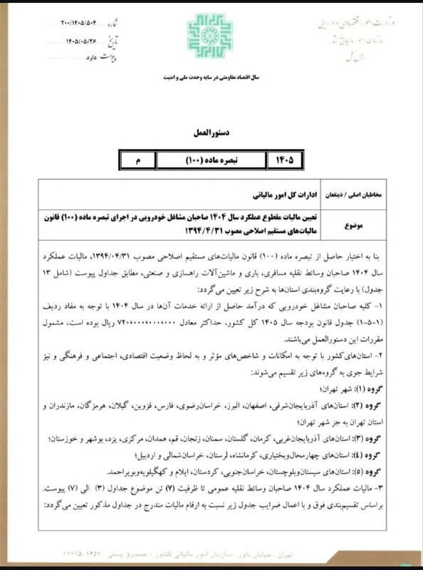 مدیریت‌ مالی || حسابداری: تعیین مالیات مقطوع عملکرد سال ۱۴۰۴ صاحبان مشاغل خودرویی در اجرای تبصره ماده (۱۰۰) قانون مالیاتهای مستقیم اصلاحی مصوب ۱۳۹