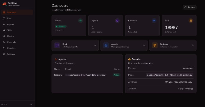 开源 FastClaw：做更好的 OpenClaw 发行版1. 使用 Go 开发，3000 行代码实现 OpenClaw 核心功能2. 单二进制（5MB）分发，轻量级安装，无环境依赖3. 秒级启动，资源占用小（内存占用约为 OpenClaw 的 1/7）4. 支持可视化安装，上手门槛很低5. 支持个人本地使用，原生支持云端多租户场景6. 支持 OpenClaw 90% 功能，兼容 OpenClaw 生态