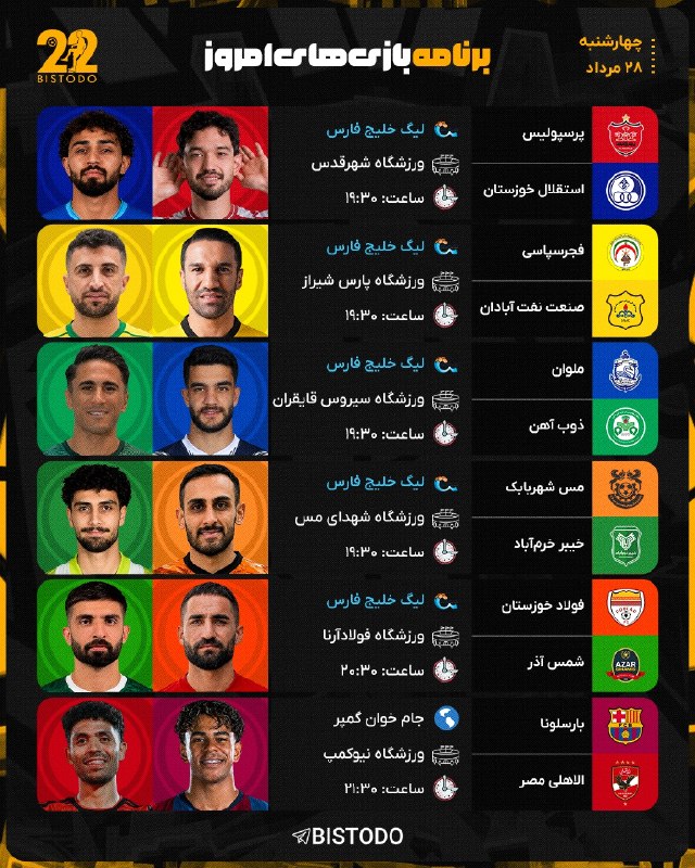 Bistodo IR | بیست و دو ⚽️: 🤔 #کنداکتور بازی های امروز 📅 چهارشنبه [ ۲۸ مرداد ۱۴۰۵ ]⚽️ @bistodo