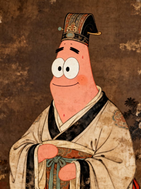 哈哈哈哈，身穿古代服饰的派大星和海绵宝宝#ai创造营##ai画图#以前有 UP 就经常画这种，没想到现在即梦也能画了提示词：身上穿着唐朝服饰的一只派大星，自然逼真，北宋时期风格油画暗棕褐色旧版图高清，精细工笔，精细流畅、柔韧有力、充满韵律感