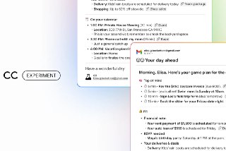 Google推出AI助手 CC：用个性化晨间简报改变忙着刷手机的早晨Google正尝试用自家的人工智能取代用户醒来后的第一轮信息刷屏。该公司推出了一款名为 CC 的实验性 AI 代理，会在每天早晨主动为用户整理邮件、日程与文档信息，并以一封个性化的“日程前瞻”（Your Day Ahead）简报形式发送到收件箱。根据介绍，CC 会基于用户当天的日历安排，生成一份清晰的日程概览，并提炼出需要重点关注的事项，例如待支付账单、即将到来的会议或需要提前准备的活动。它不仅能提醒用户要做什么，还可以预先起草电子邮件内容