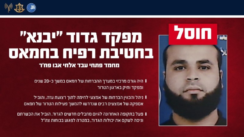 צה"ל ושב"כ חיסלו את מפקד גדוד יבנא בחטיבת רפיח של חמאס