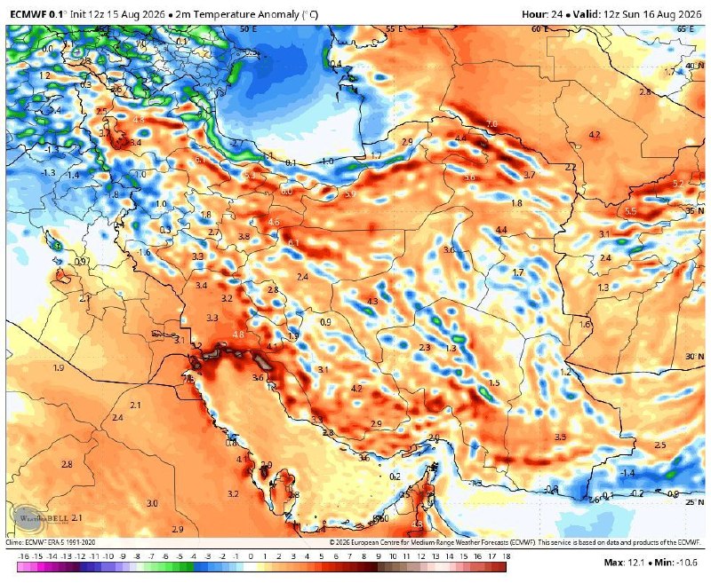 کانال هواشناسی هواخاوران: ☀️🔥غلبه ی هوای گرم در غالب مناطق کشور ،طی ظهر امروز یکشنبه(طیف قرمزرنگ) 👆☀️آنومالی دمای ظهر امروز