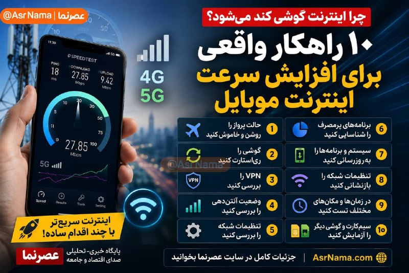 خبر فوری/ عصر فوری: چرا اینترنت گوشی کند میشود؟ ۱۰ راهکار برای افزایش سرعت اینترنت موبایلبیشتر بخوانید👇https://asrnama.com/fa/tiny/news-261