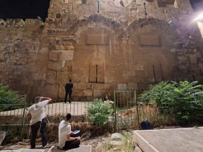 מתנחלים עורכים טקסים תלמודיים ותוקעים בחצוצרה לאחר שהסתערו על בית הקברות באב אל-רחמה בירושלים הכבושה.