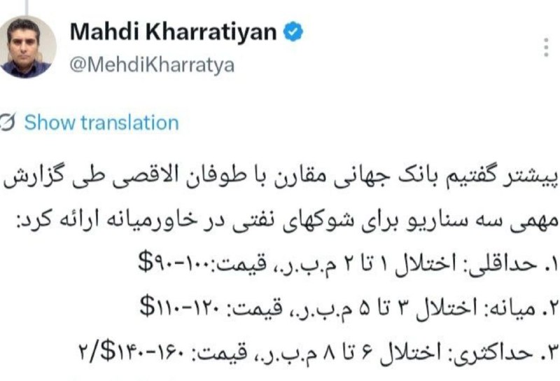 مطالب ده ریشتری: یادش بخیر خراتیان استراتژیست قبیله متوهم ها گفته بود اگه ۶میلیون بشکه نفت خاورمیانه مختل شه قیمتش۱۶۰ دلار میشهحالا نفت ۱
