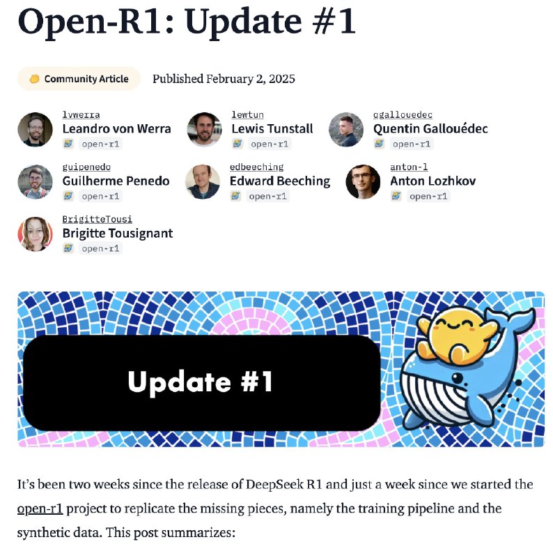Huggingface 这个 Open R1 的文章牛皮啊整理了 Deepseek R1 发布到现在所有重要内容和社区工作- 复现对于 R1 的评估分数- 复现 R1 训练管道，比如 GRPO- 合成数据生成流程，重现类似 R1 的推理数据集- 市面上所有重要人物对于 R1 模型的表态- 尝试复现 R1 的开源项目文章地址：