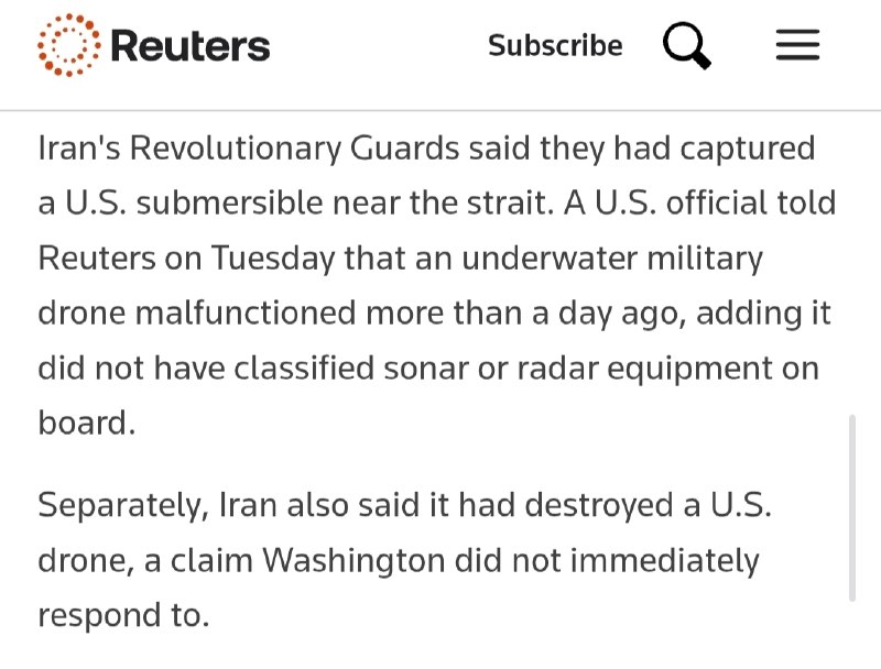 [ ایران اینتر پشمام ]: 🔴 یه مقام آمریکایی به Reuters:پهپاد زیرآبی نظامی آمریکا یک روز قبل اعلام ایران، دچار نقص فنی شده بود.پهپاد موردنظر یه مد