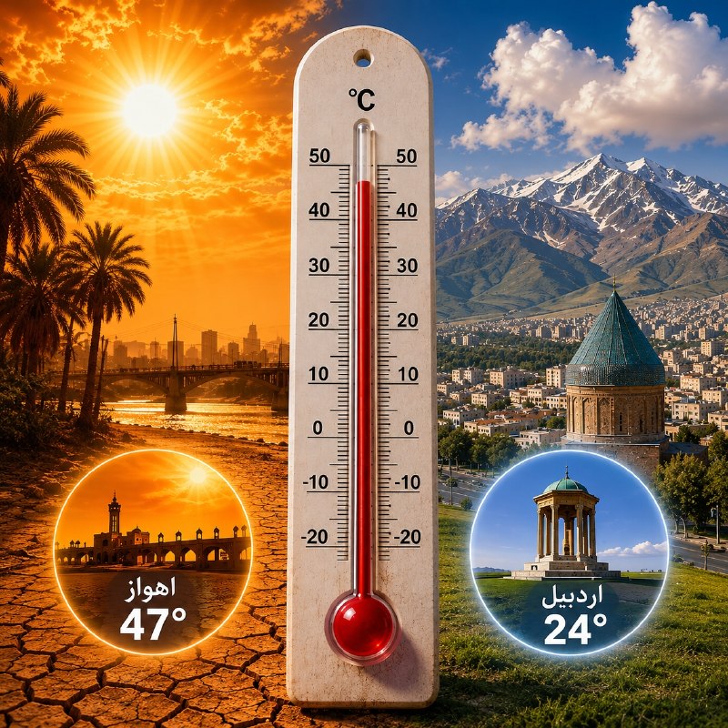 کانال هواشناسی کل کشور🔖: هواشناسی:🔹اهواز با بیشینه دمای ۴۷ و اردبیل با بیشینه دمای ۲۴ به ترتیب امروز گرم ترین و خنک ترین مراکز استانهای کشورند.🔰