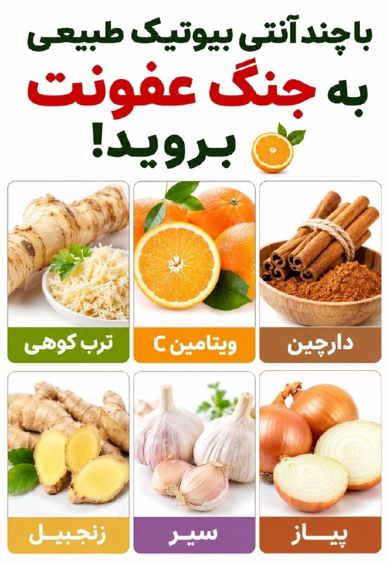 کانال سلامت🔖: «با چند آنتیبیوتیک طبیعی به جنگ عفونت بروید» 🌿🌱 تقویت بدن با مواد غذایی طبیعیسیر 🧄، زنجبیل، دارچین، پیاز، ترب کوهی و من