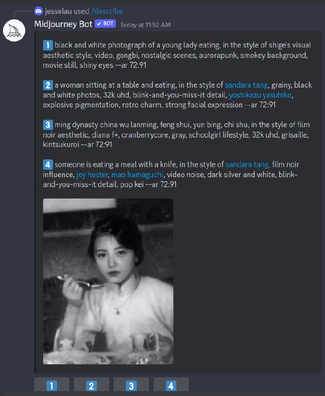 RT 紐村遁一子#midjourney 新功能/describe上传一张图片，给出4个相关的prompt （图一）非常方便