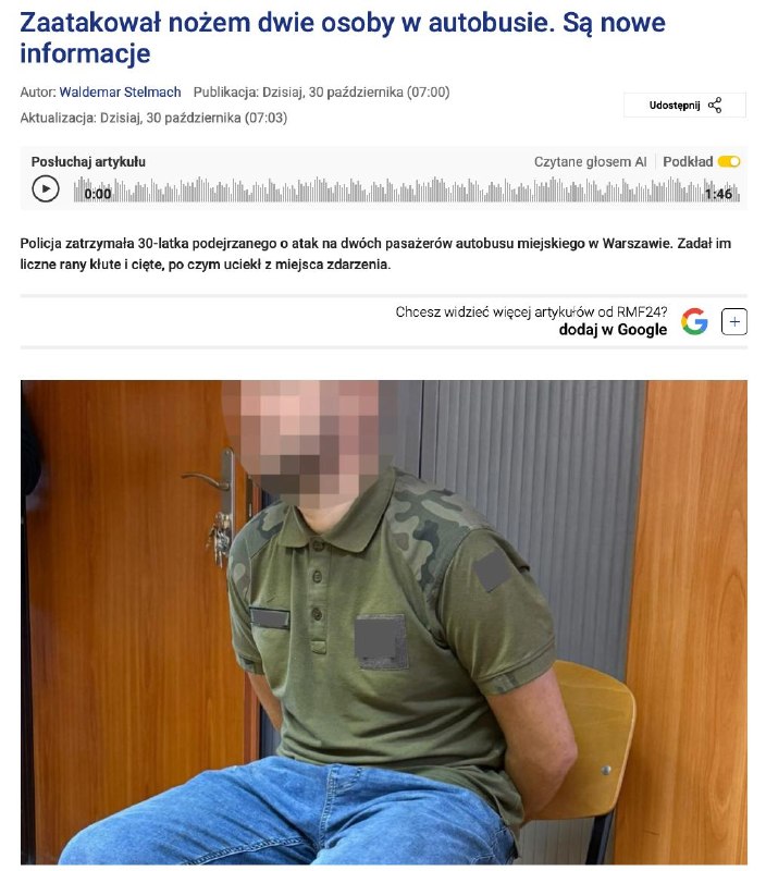 בוורשה עוכב אדם שתקף שני אזרחים אוקראינים בסכין באוטובוס עירוני של ורשה. RMF24 האירוע התרחש במחצית הראשונה…