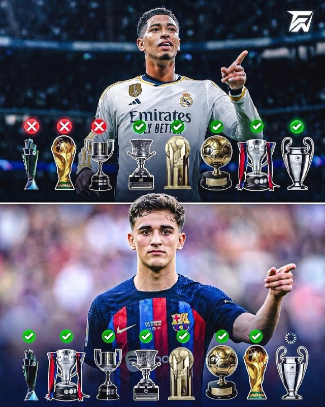 فوتبالی | Footballi.net: ویترین افتخارات گاوی از ویترین جود بلینگام دیوانهوارتر است😳🤩جود بلینگام با رئال مادرید خیلی زود یک کارنامه فوقالعاده س