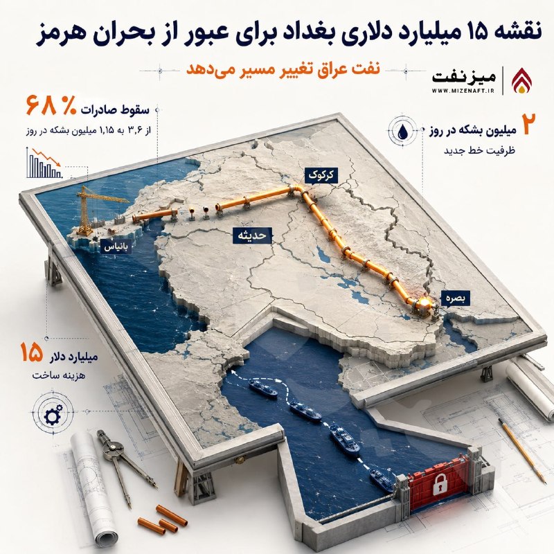 میز نفت: 👇👇 عراق پس از ضربه بحران هرمز به صادرات نفت خود، ساخت خط لولهای تازه از منطقه حدیثه تا بندر بانیاس سوریه را بررسی میکن