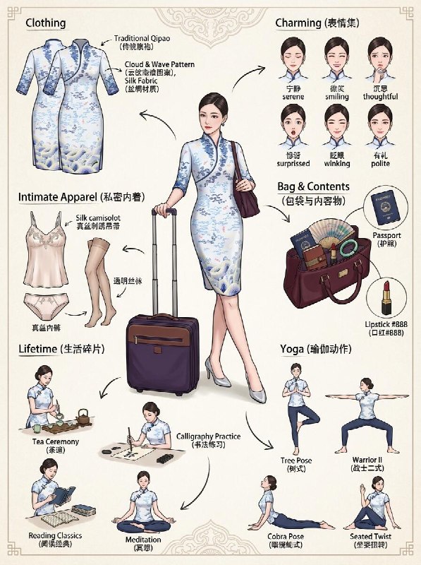 【教学指南这不就来了！😉】第1张全网都通用的基础款第2张妆容特写、物品展示还有不同款式的衣服搭配咒语补丁：• 美妆与护理 (Beauty & Grooming)• 妆容集 (Expression Sheet):• 在角落绘制 4个以上的不同部位的妆容特写，展示并注明不同的位置和特点（如：口红、眼影、睫毛、画眉、腮红、鼻梁等等部位）