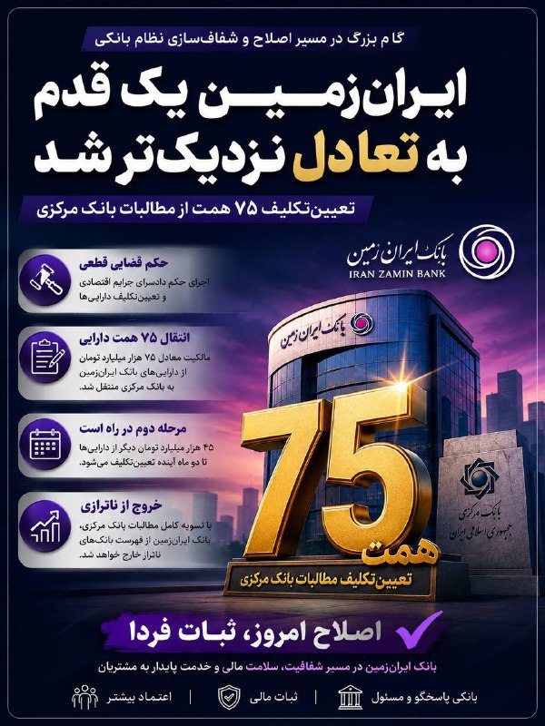 موثق نیوز: ⭕️ بانک ایرانزمین در مسیر خروج از ناترازی🔹 رئیس بانک مرکزی: ۷۵ هزارمیلیارد تومان از بدهی های بانک ایران زمین پرداخت شد🔹