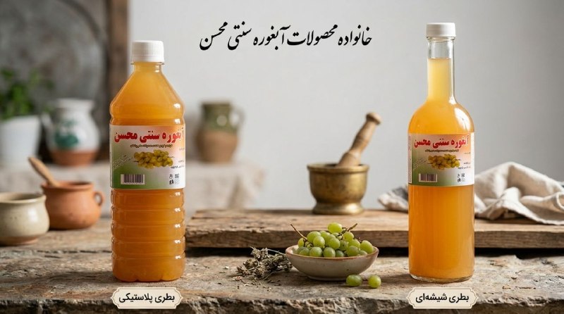 محصولات سنتی گلاب محسن: ​«یه چاشنی اصیل برای سفره‌های شما ✨❇️ آبغوره (تازه) سنتی محسن تولید شد.🔹 ۱۰۰٪ طبیعی و ارگانیک🔹 تهیه شده به روش سنتی و به