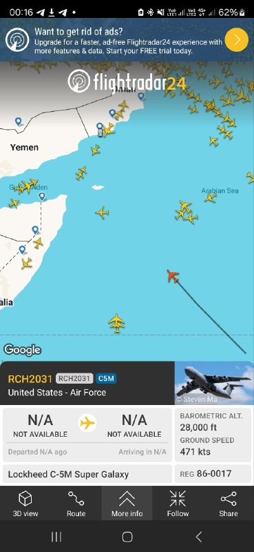 מטוס תובלה אסטרטגי אמריקאי ג-5M עם המספר 86-0017 נצפה טס מעל הים הערבי לצפון מערב; מקורו הוא כנראה דייגו גר…