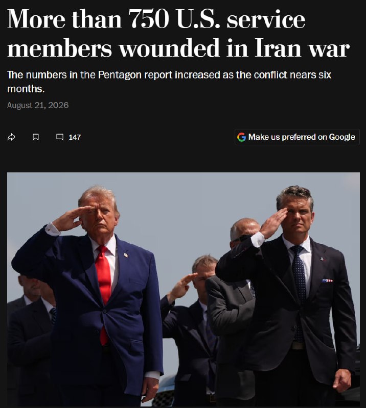 PiranshahrRudaw: 🔴 واشنگتن پست: تلفات ایالات متحده در جنگ ایران به ۷۷۴ نفر افزایش یافته است که ۱۸ کشته و ۷۵۶ زخمی برجای گذاشته است🔹پنتاگو