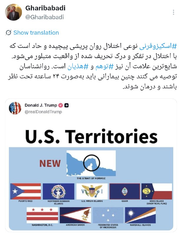 چندثانیه آنلاین: 🔹واکنش معاون وزیر خارجه به ادعای مالکیت ترامپ بر تنگهٔ هرمز: شایعترین علامت اسکیزوفرنی، توهم و هذیان است.@chandsanieh_n