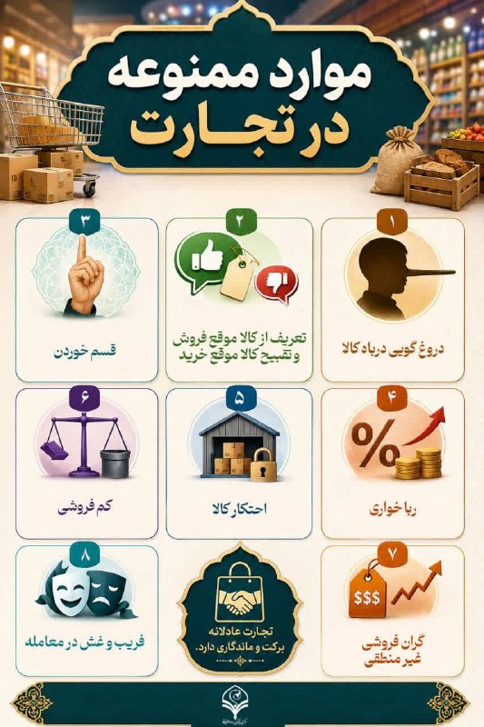 مرکز ملی پاسخگویی به سوالات دینی: ⭕️ در تجارت چه کارهای منفی را باید ترک کرد؟ #اینفوگرافیک#پرسش_کلید_دانایی#اخلاقی#تجارت🔰مرکز ملی پاسخگویی به سؤالات دینی@